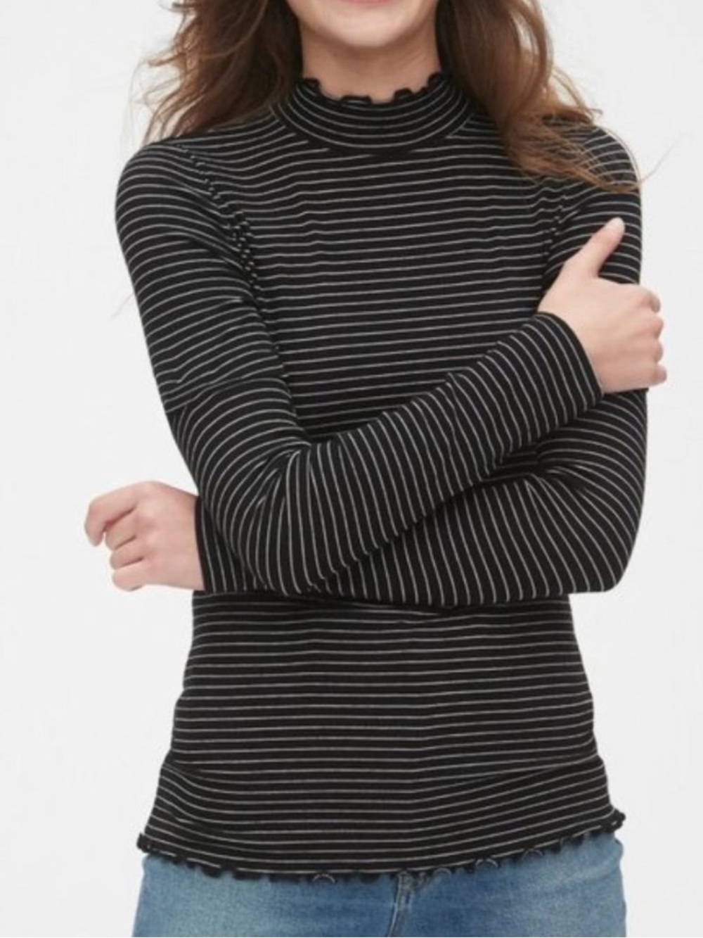 GAP Black & White Striped Ribbed Turtleneck with Lettuce Trim — M Tall